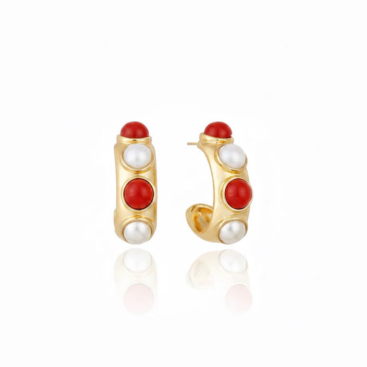 Aros Di Cavalcanti Hoop Red con piedra roja y perla – Cristina Sabatini