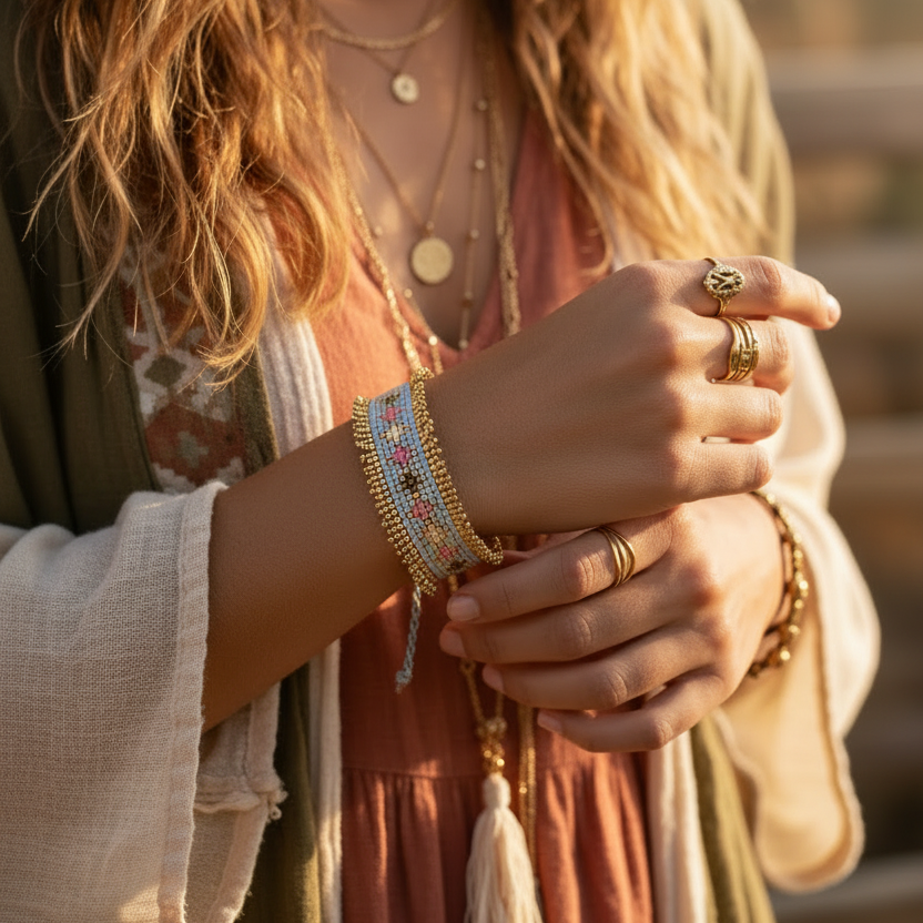 Pulsera Miyuki Nebula & Gold – Hecha a mano, baño de oro, diseño geométrico elegante