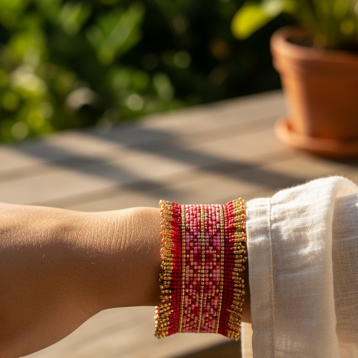 Pulsera Miyuki Cerise Graden & Gold – Hecha a mano, baño de oro, diseño geométrico elegante
