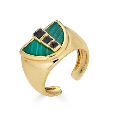Anillo Symmetry dorado con piedra malaquita verde – Trovare Chile Anillo ajustable