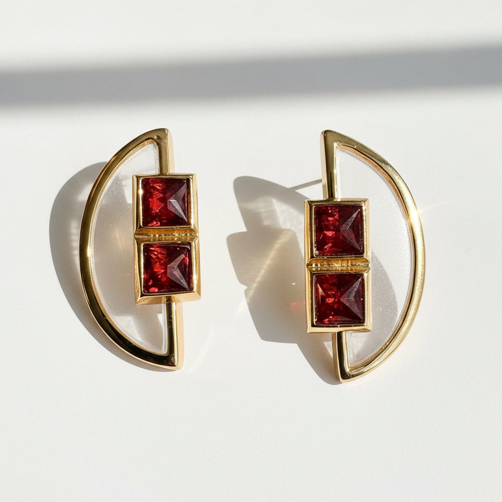 aros pequeños madre perla con cristales rojos