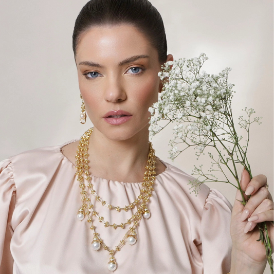 aros y collar perlas baño oro cristina sabatini