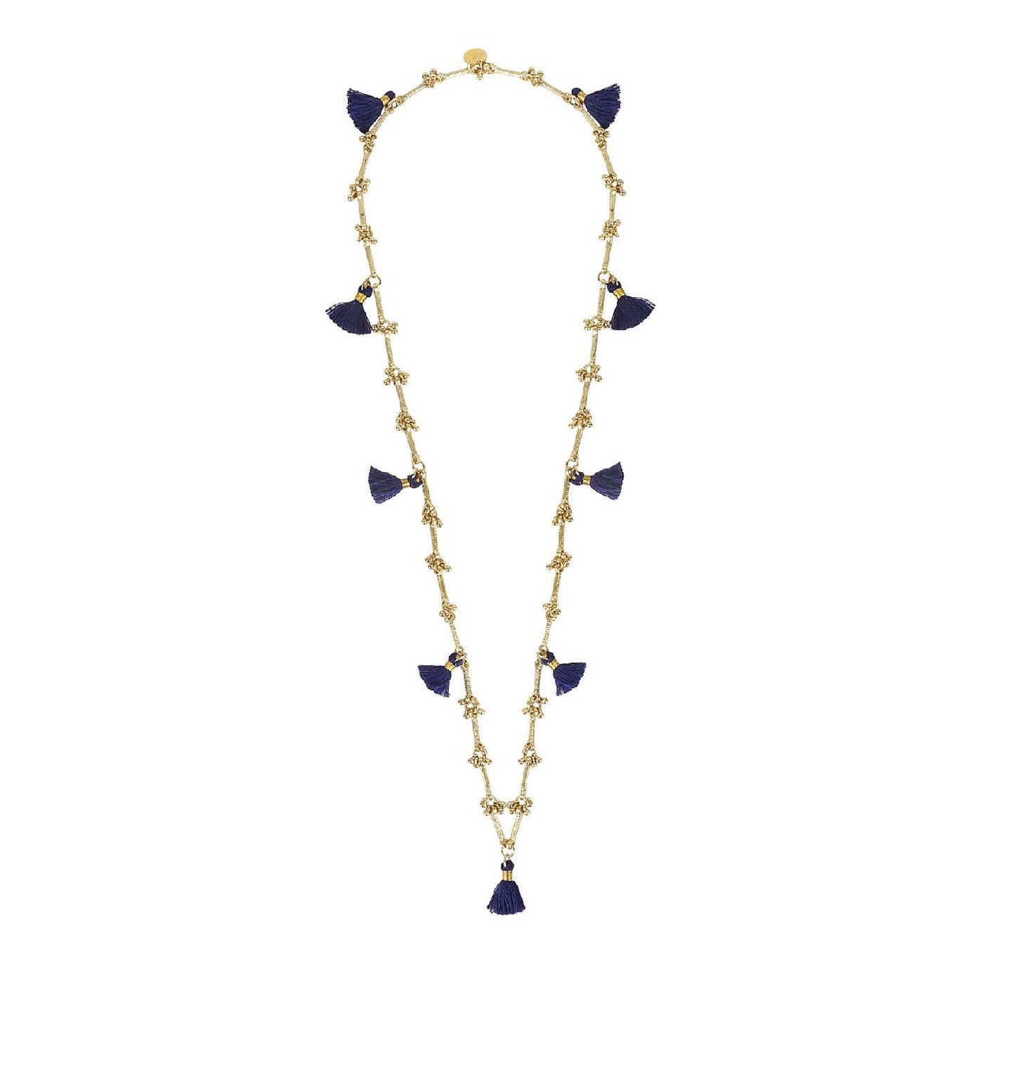 collar azul con pompones y dorado