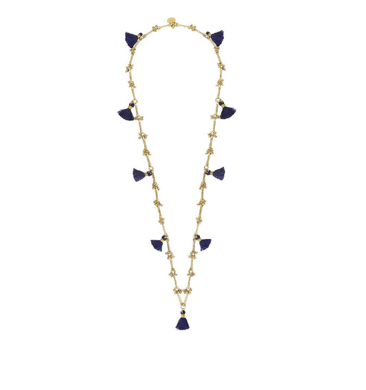 collar azul con pompones y dorado