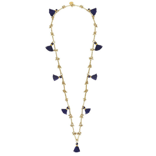 collar azul con pompones y dorado