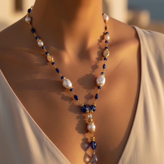 Collar Azul Largo con Perla Graz