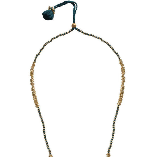 Collar Manira neckstring artesanal con espejos en tono teal, joyería semi lujo hecha a mano