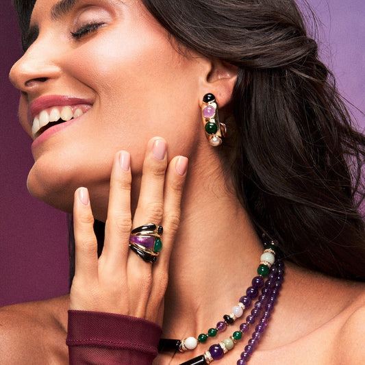 anillo elegante mujer con amatista y agata verde diseño escultorico joya italiana