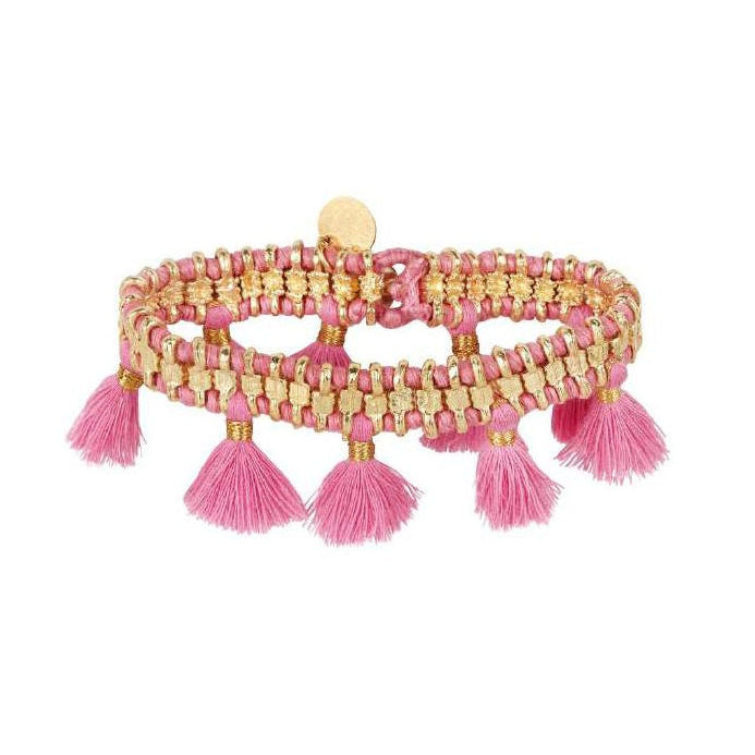 pulsera con metal pompones rosa