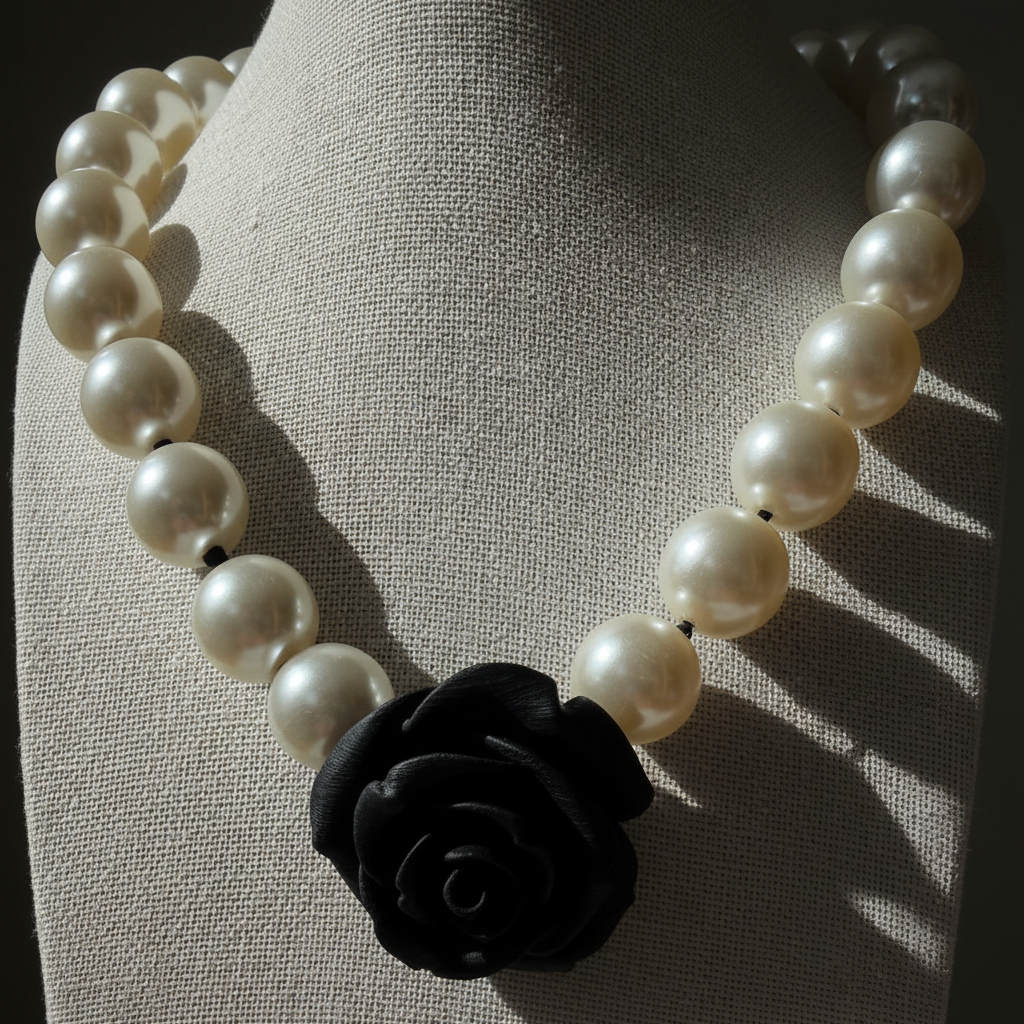 Collar Camelia perla negro – detalle – Trovare Chile