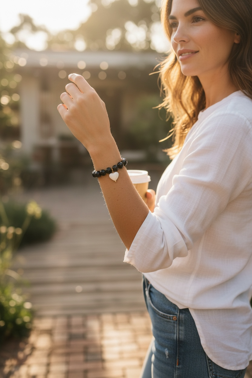 Pulsera Negra Corazón Blanco - Resina Italia