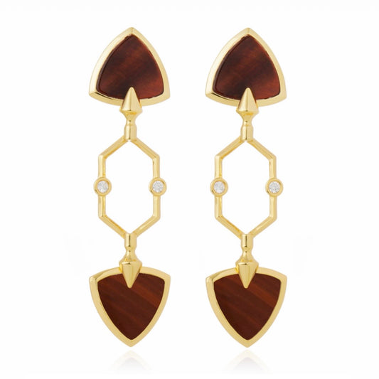 Aros Himeros Largos con Piedra Ojo de Tigre y Baño de Oro – Joyería Italiana Elegante