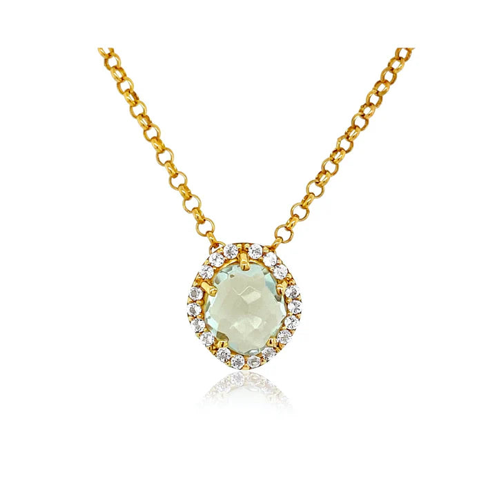 Collar Panorama Prasiolite Citrine Vianna Fashion, colgante de cuarzo verde claro con topacios blancos en plata 925 con baño de oro 18K, Trovare Chile
