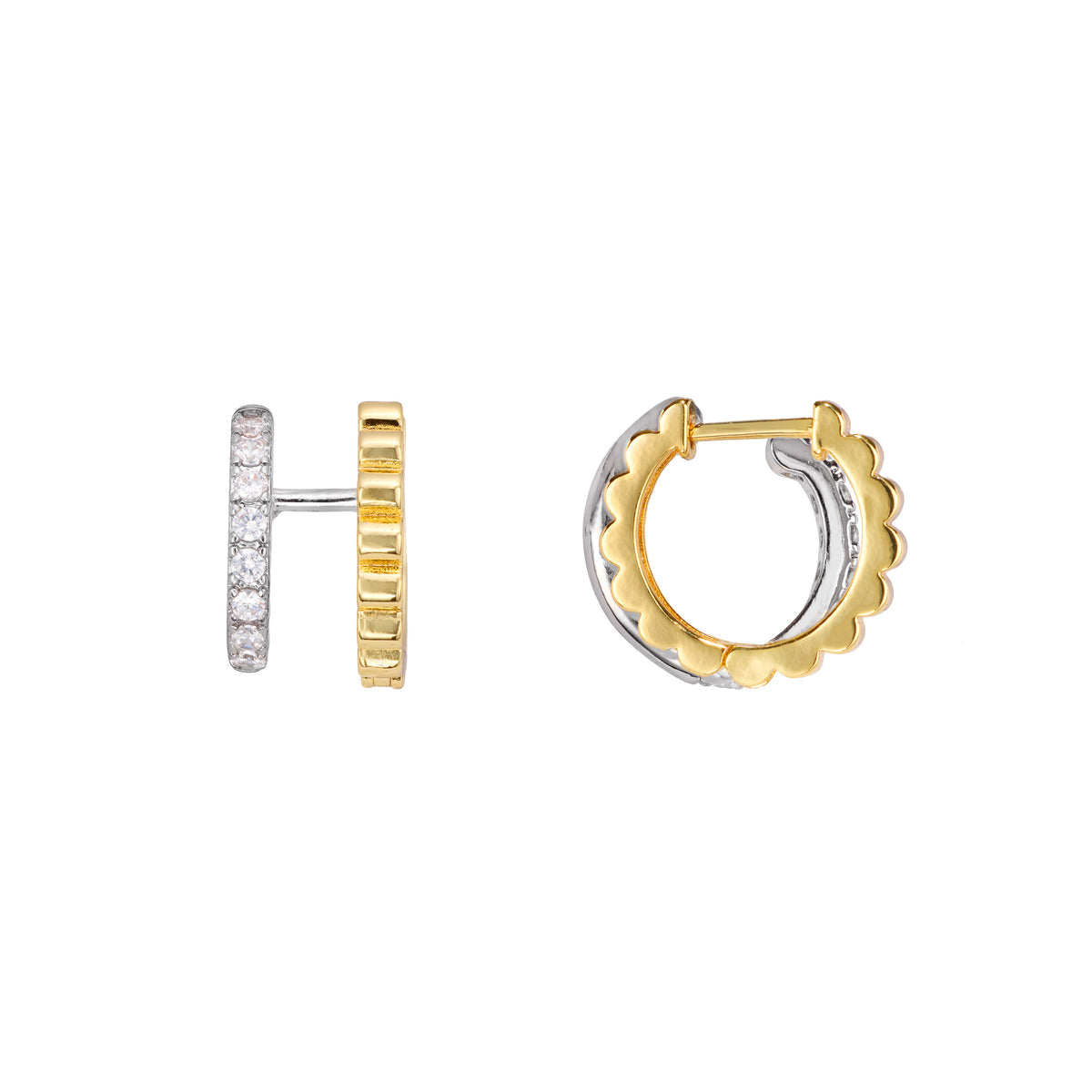Aros Huggie Bicolor con zirconia 15 mm en oro 14K y plata sobre bronce, joyería moderna y elegante, Trovare Chile
