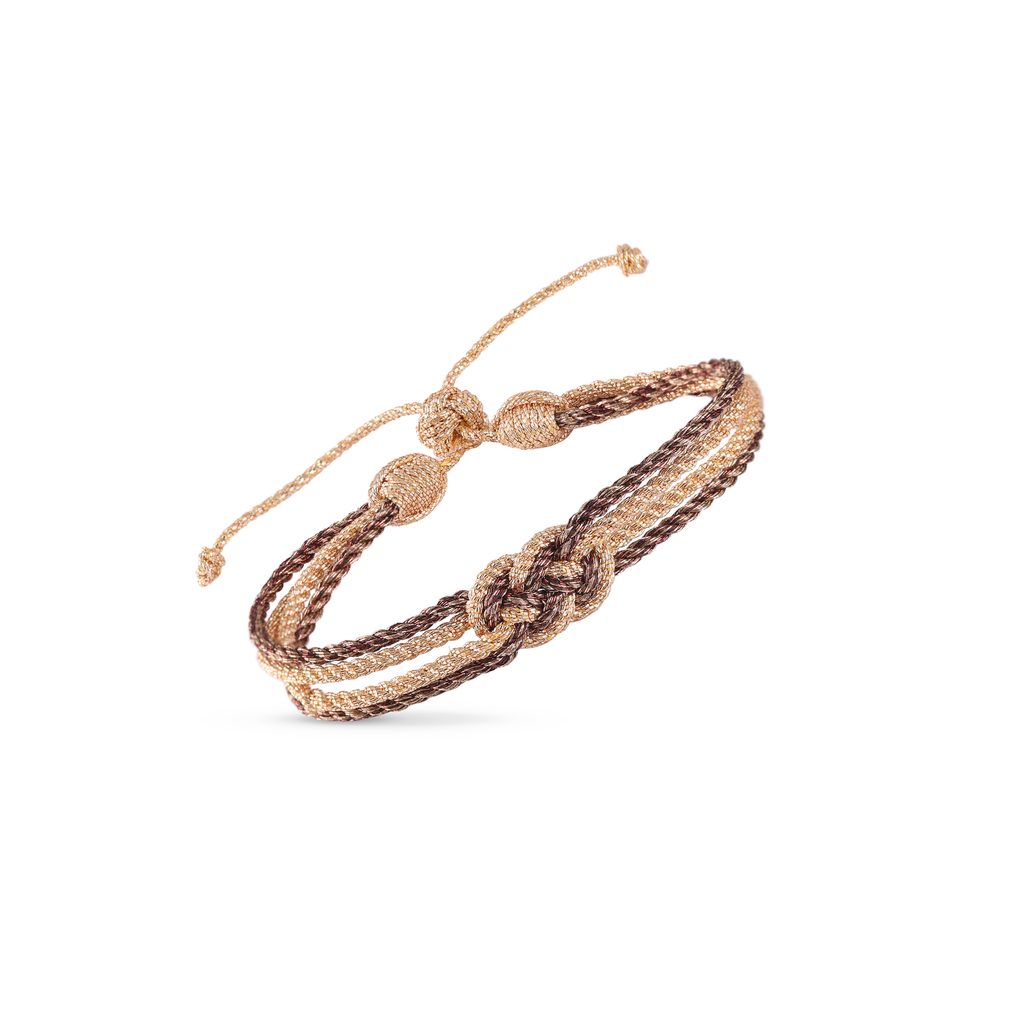 Pulsera Knot Nº2 color Peach Choco Walnut, sfifa marroquí en durazno, chocolate y nuez con nudo, hecha a mano