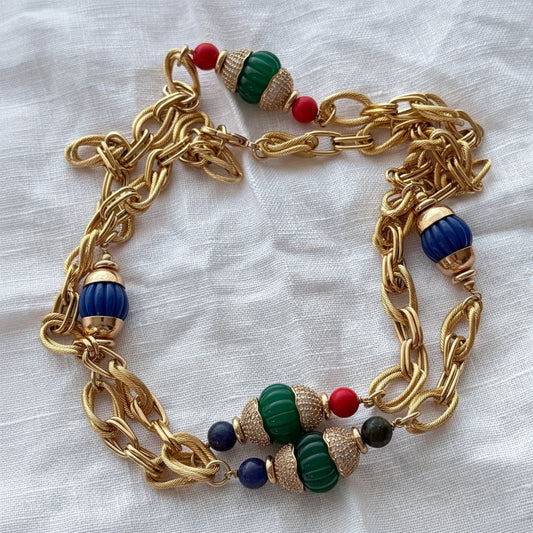 Collar largo baño de oro y piedras 