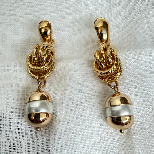 Aros perla largos cadena baño de oro 