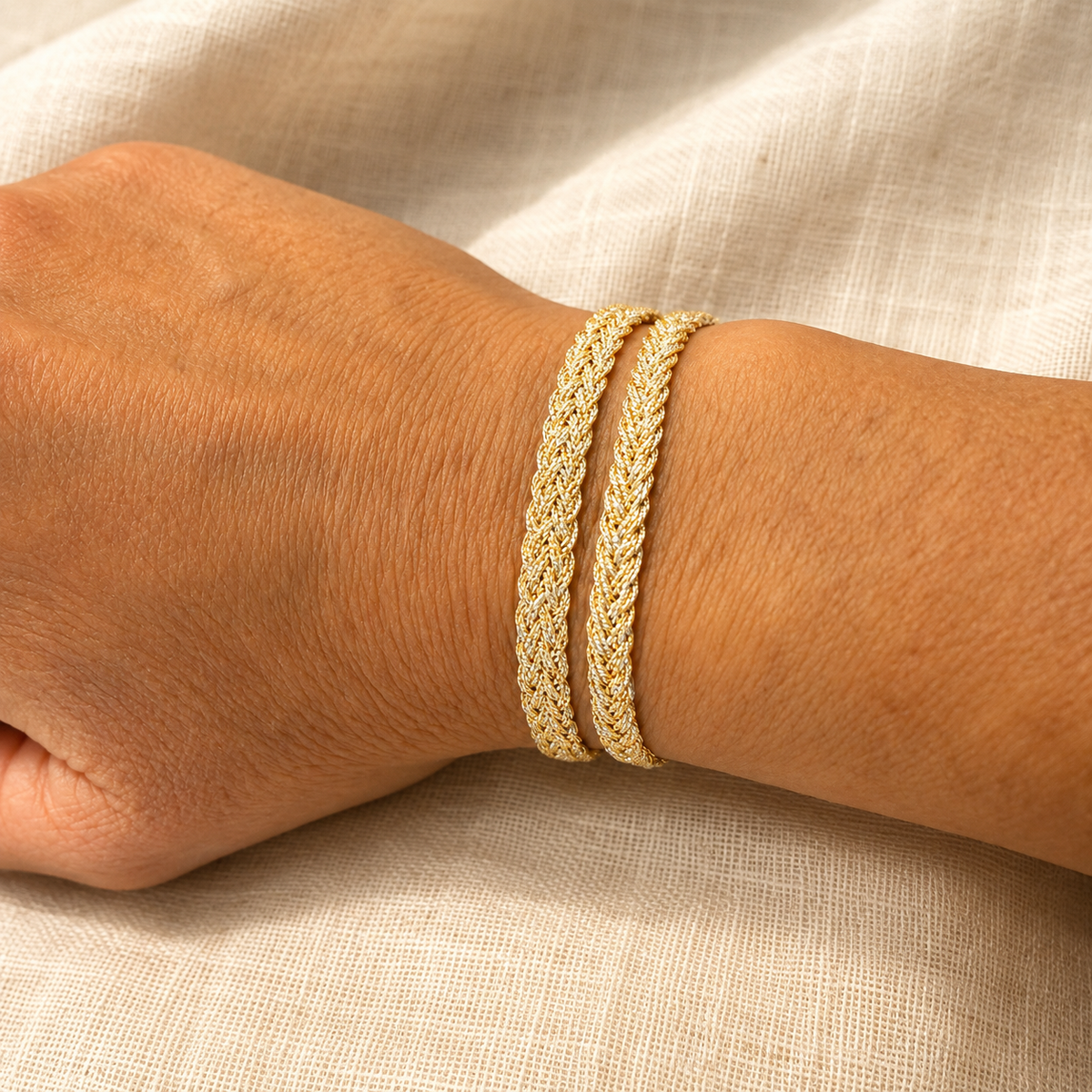 Pulsera Zyn Gold Silver – detalle del tejido – Trovare Chile