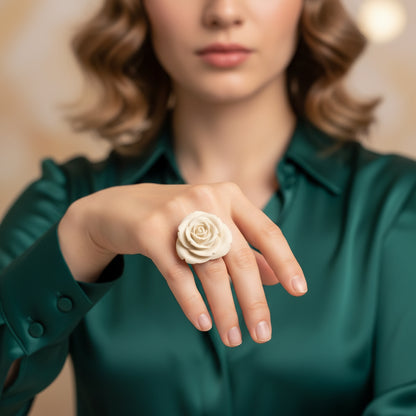Anillo Camelia Ivory | Anillo Ajustable con Flor de Resina