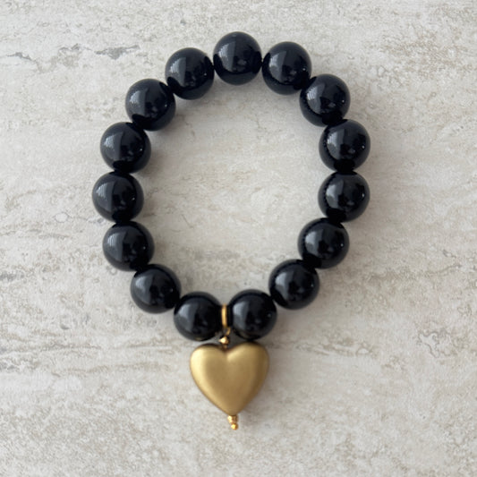 Pulsera Negra Corazón Dorado - Resina Italia
