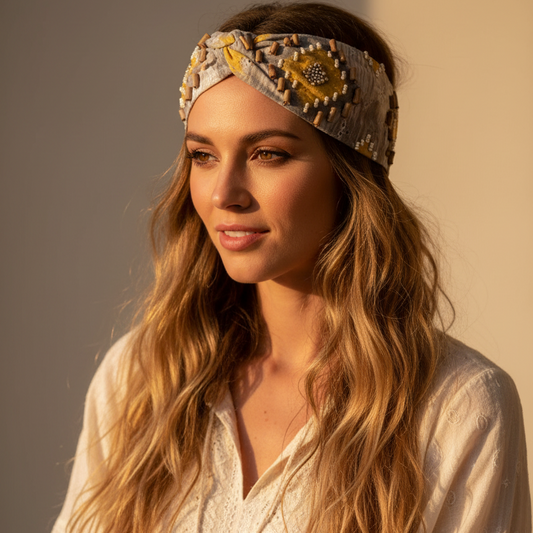 Turbante artesanal café multicolor | Accesorios cabello mujer Chile - Trovare