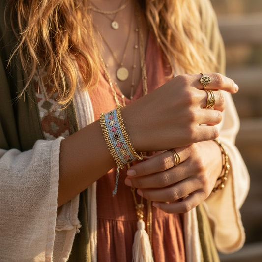 Pulsera Miyuki Nebula  & Gold – Hecha a mano, baño de oro, diseño geométrico elegante