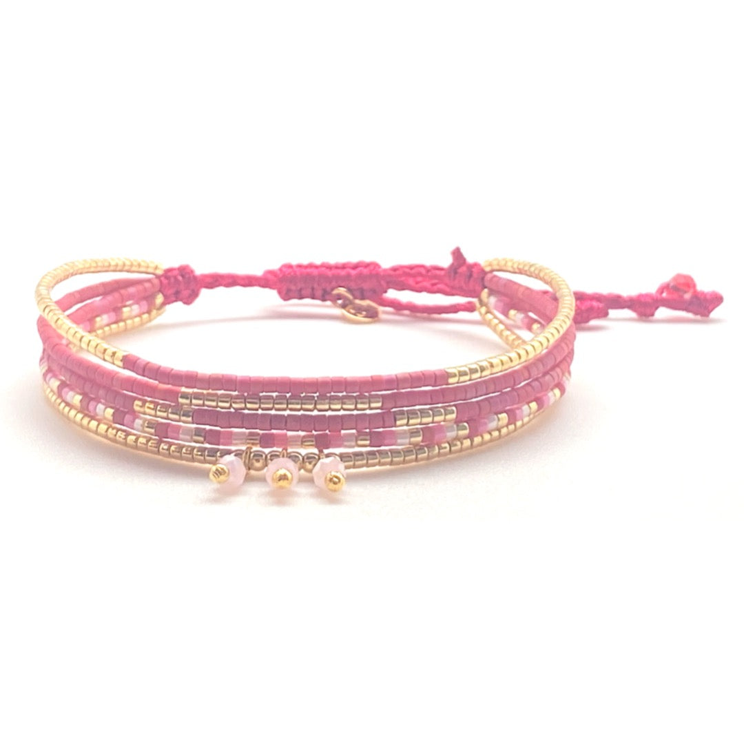 Pulsera Miyuki Cerise Garden  Multivueltas  – Hecha a mano, baño de oro, cristal