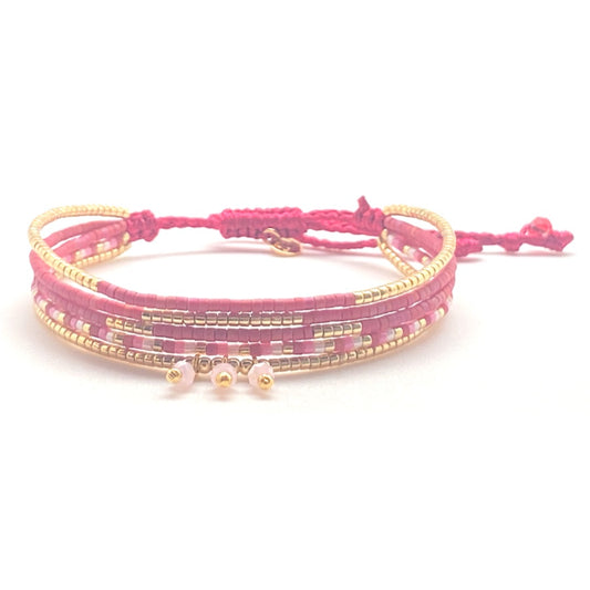 Pulsera Miyuki Cerise Garden  Multivueltas  – Hecha a mano, baño de oro, cristal