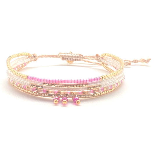 Pulsera Miyuki White Lotus Multivueltas  – Hecha a mano, baño de oro, cristal