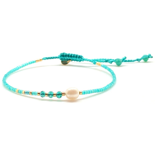 Pulsera Miyuki Single Caribbean Teal – Hecha a mano, baño de oro, perla, cristales