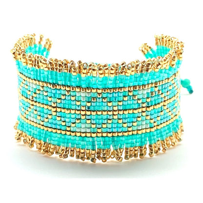 Pulsera Miyuki Caribbean Teal  & Gold – Hecha a mano, baño de oro, diseño geométrico elegante