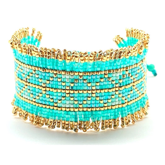 Pulsera Miyuki Caribbean Teal  & Gold – Hecha a mano, baño de oro, diseño geométrico elegante