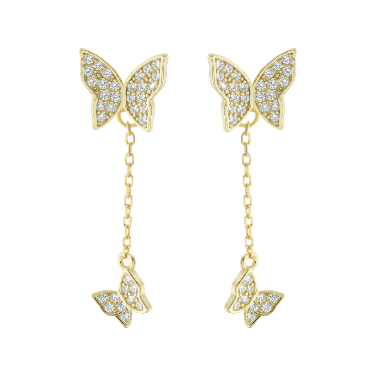 Aros Doble Mariposa con Cadena en plata 925 con baño de oro y zirconias cúbicas, joyería elegante Trovare Chile
