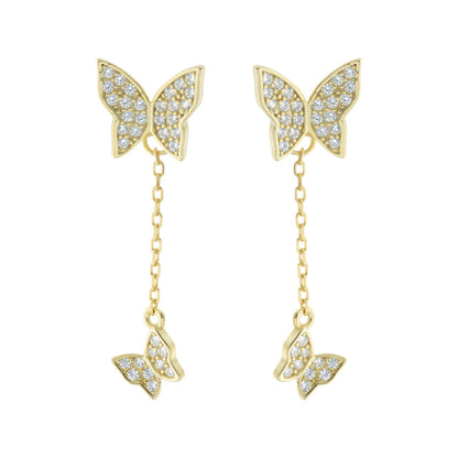 Aros Doble Mariposa con Cadena en plata 925 con baño de oro y zirconias cúbicas, joyería elegante Trovare Chile
