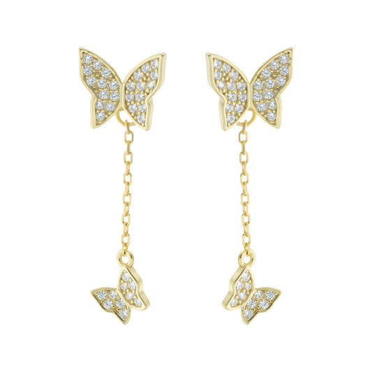 Aros Doble Mariposa con Cadena en plata 925 con baño de oro y zirconias cúbicas, joyería elegante Trovare Chile
