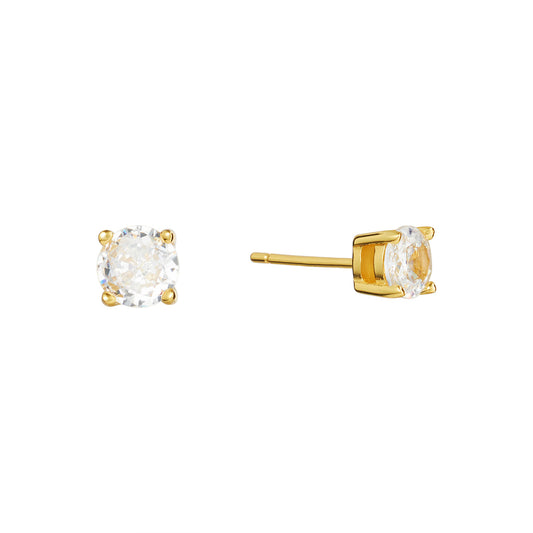 Aros Stud con zirconia cúbica de 5 mm en plata 925 bañada en oro, joyería clásica y elegante, Trovare Chile
