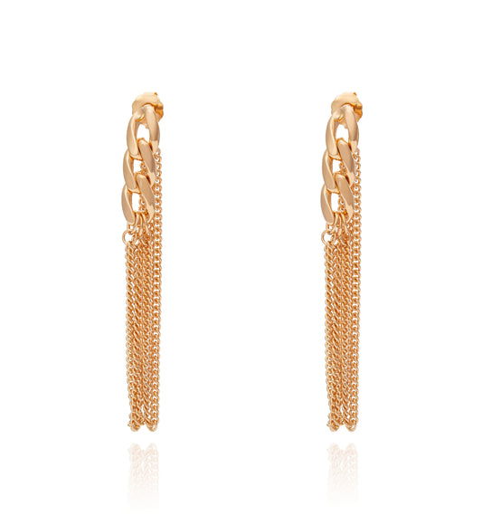 aros elegantes mujer largos de cadena dorada con movimiento joya sofisticada