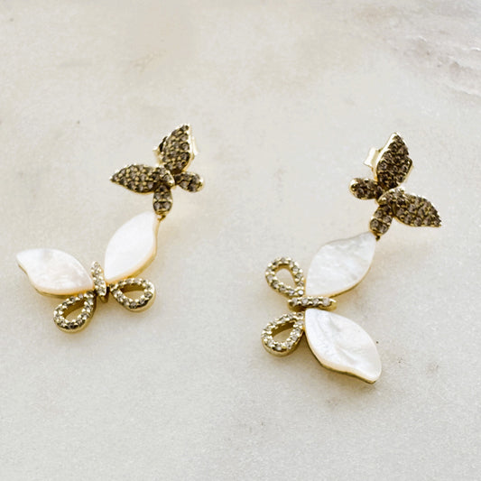 Aros Mariposa Madre Perla Zircones - baño de oro