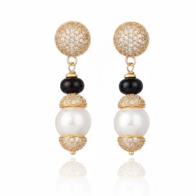aros largos mujer negros con perla elegantes dorados joya italiana chile