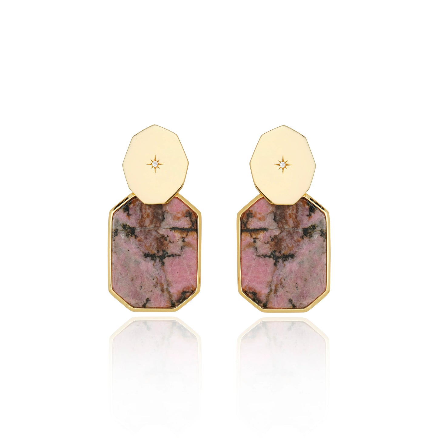 aros mini icon stack con piedra rodonita natural bañados en oro