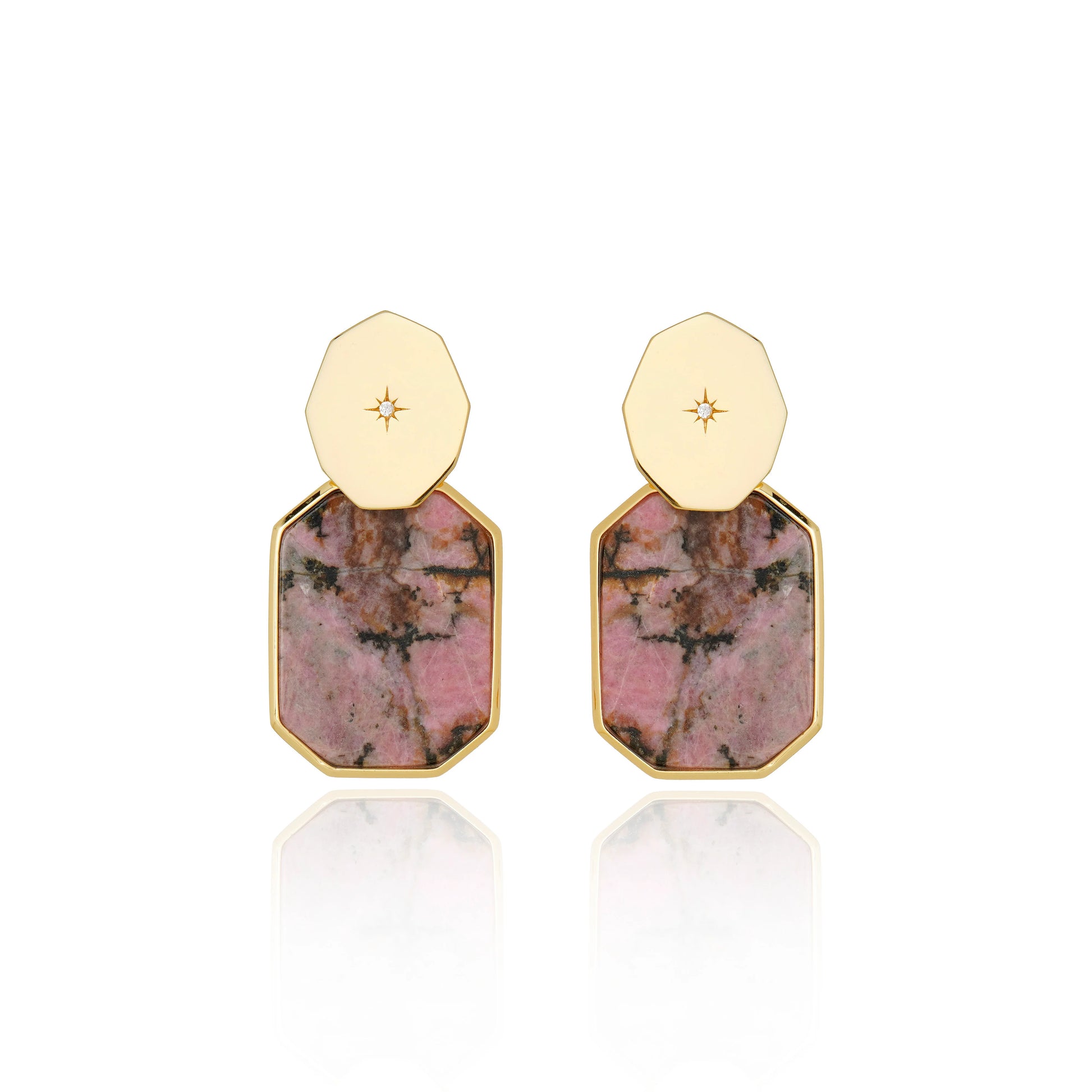 aros mini icon stack con piedra rodonita natural bañados en oro