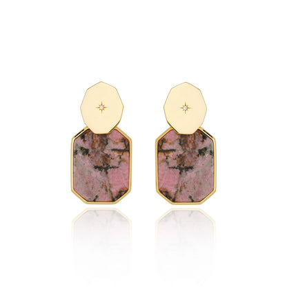 aros mini icon stack con piedra rodonita natural bañados en oro