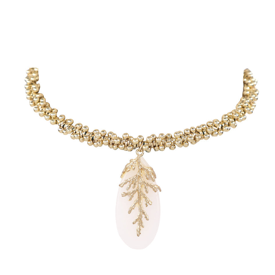 Choker Leaf Stone Beaded artesanal con piedras de cuarzo, joyería semi lujo hecha a mano
