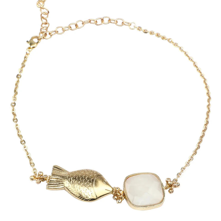 Collar Square Stone Fish artesanal con piedras de cuarzo, joyería semi lujo hecha a mano
