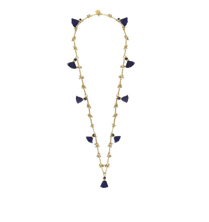 collar azul con pompones y dorado