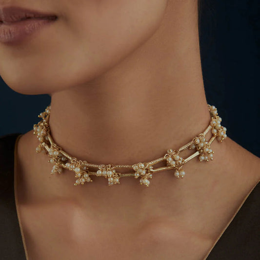 Collar Noor doble perla artesanal dorado, joyería semi lujo hecha a mano
