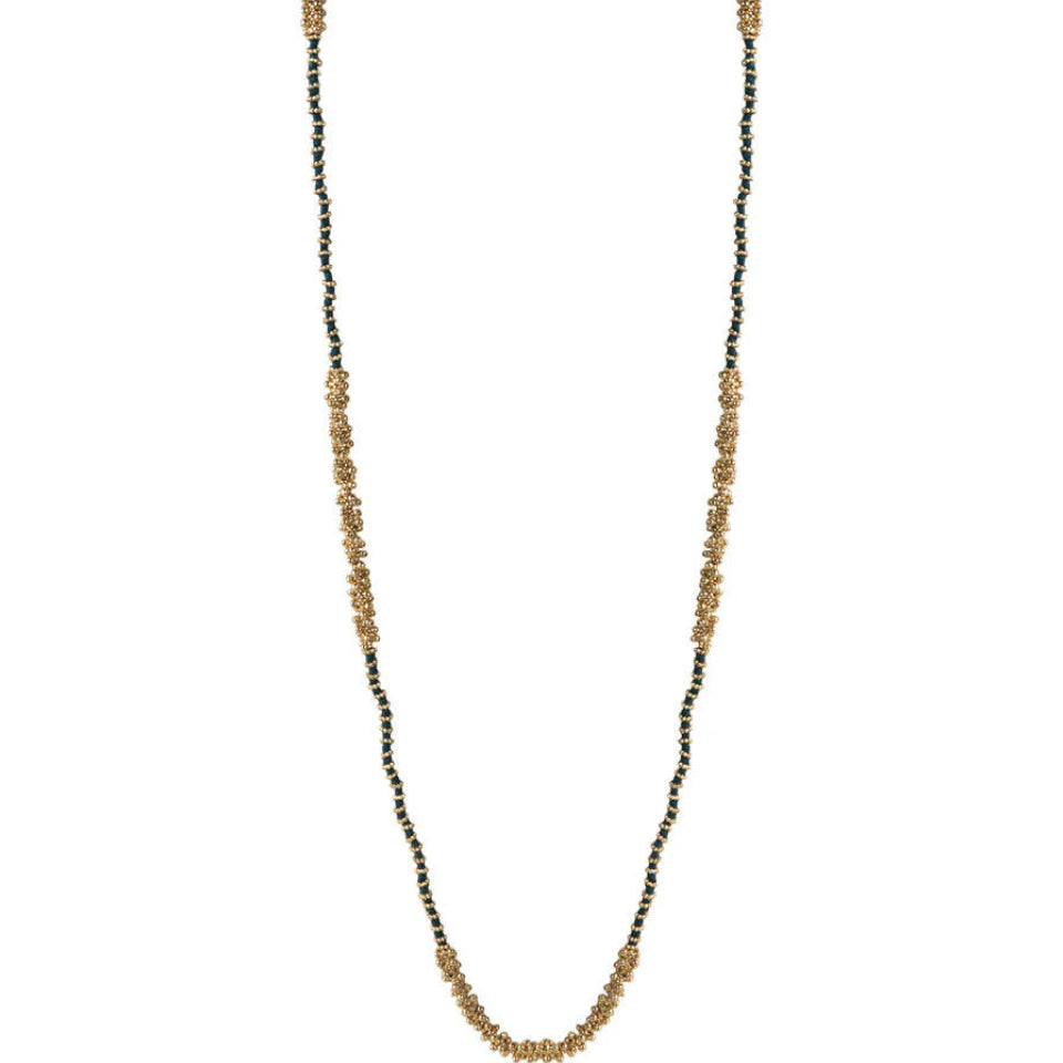 Collar Manira neckstring artesanal con espejos en tono teal, joyería semi lujo hecha a mano
