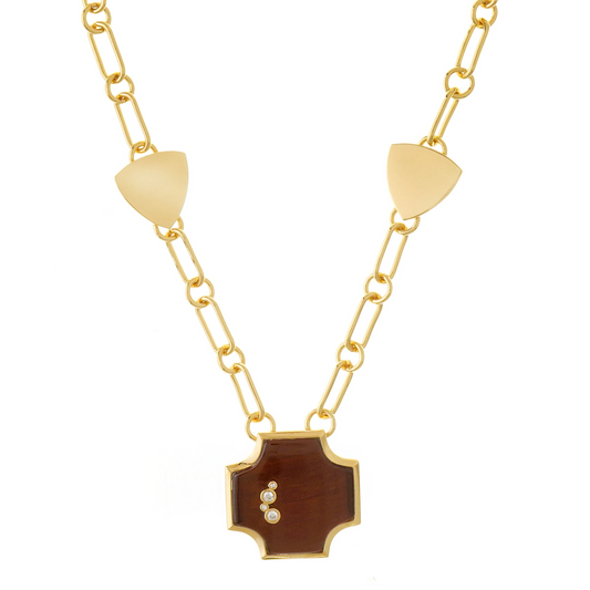 collar iris con piedra ojo de tigre natural y baño de oro