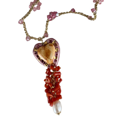 collar italiano cristales y cerámica coral y perlas