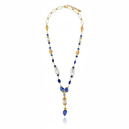 collar mujer azul con perla elegante dorado joya italiana chile